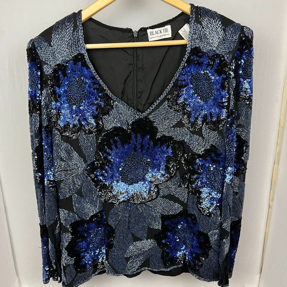 Vintage Black Tie Made‎ by HE-RO Industries Blue Floral Sequin on Silk Blouse